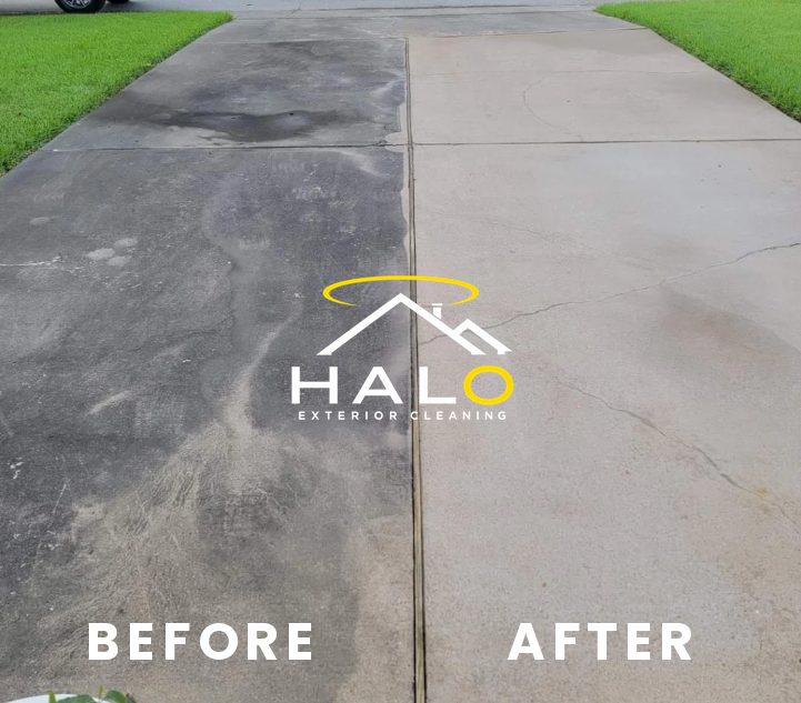 Driveway pressure washing, before and after